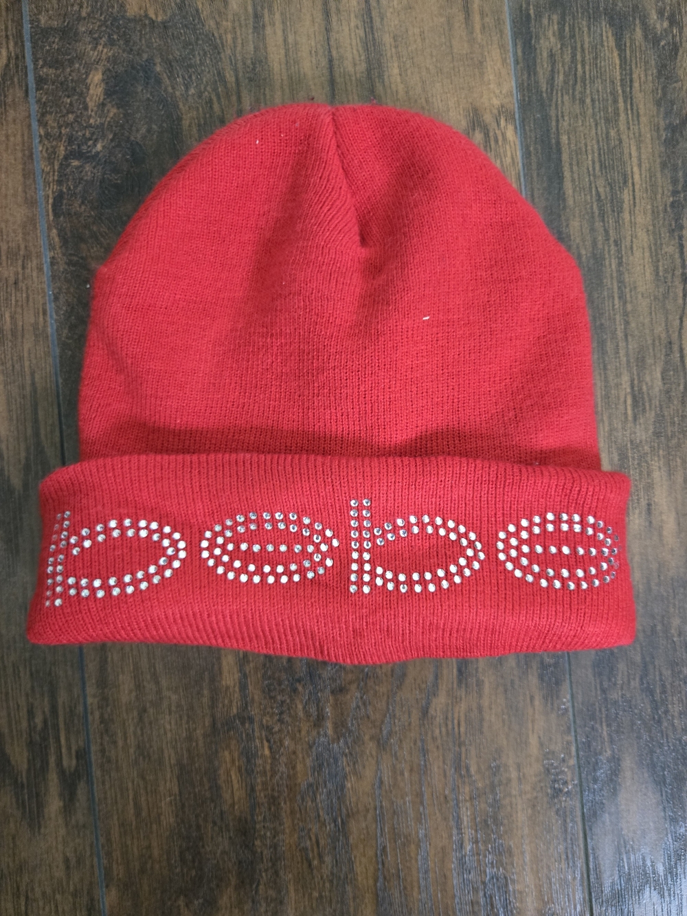 bebe Red Studded Logo Cuffed Beanie